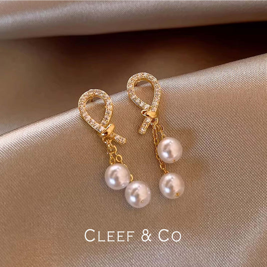 Diamond Ribbon Pearl Drop Earrings